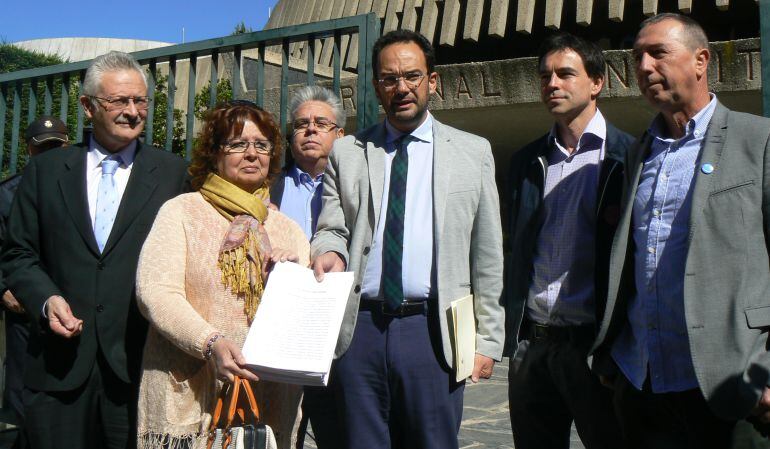 Los portavoces del Grupo Parlamentario socialista, Antonio Hernando, y de Compromís, Joan Baldoví, junto a otros diputados, en el Tribunal Constitucional.