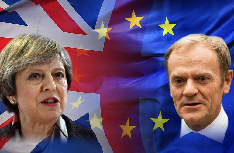 Composición fotográfica de la primera ministra británica Theresa May y el presidente del Consejo Europeo Donald Tusk