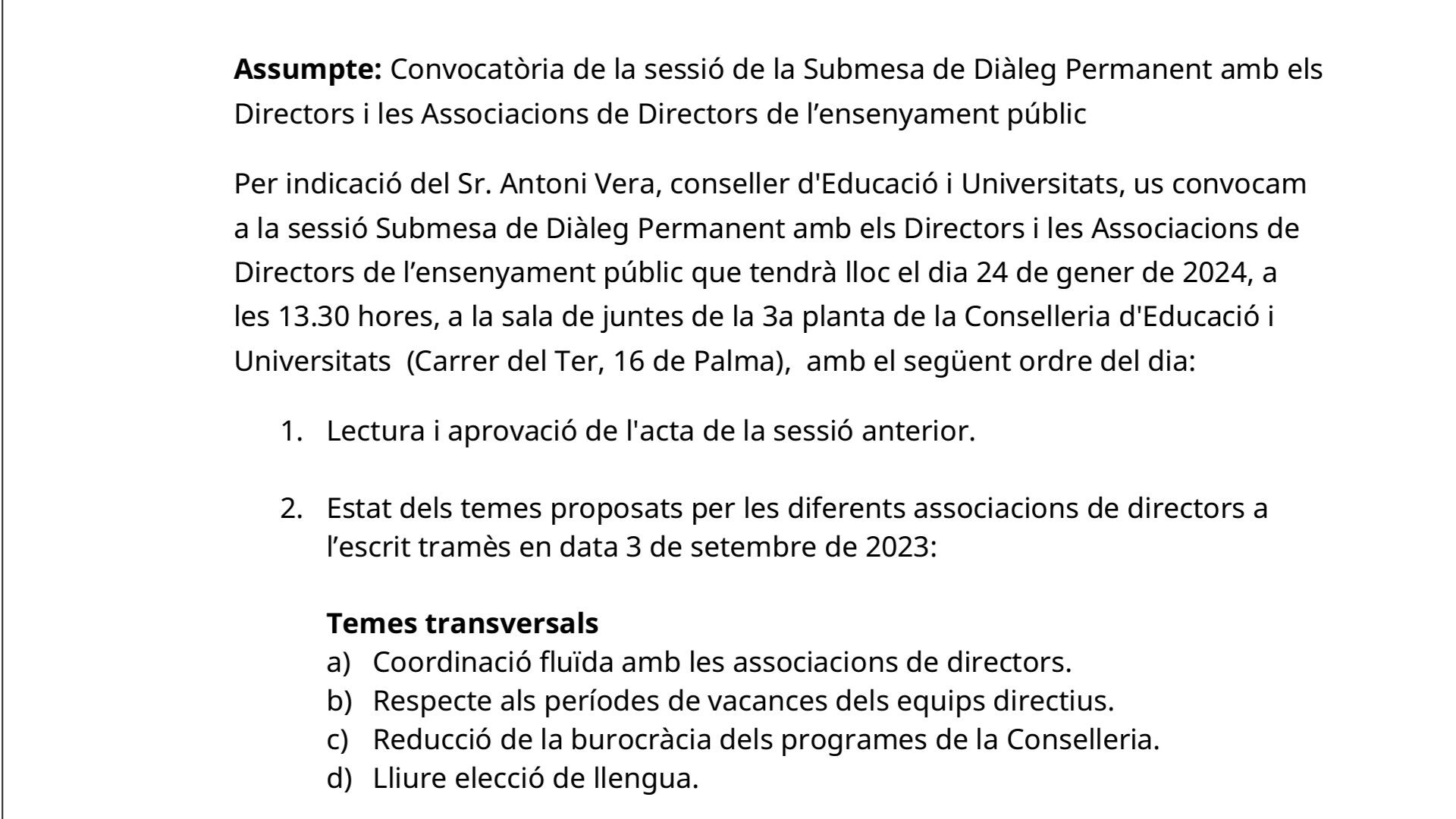 Imagen de parte de la convocatoria enviada la semana pasada a los directores de centros educativos