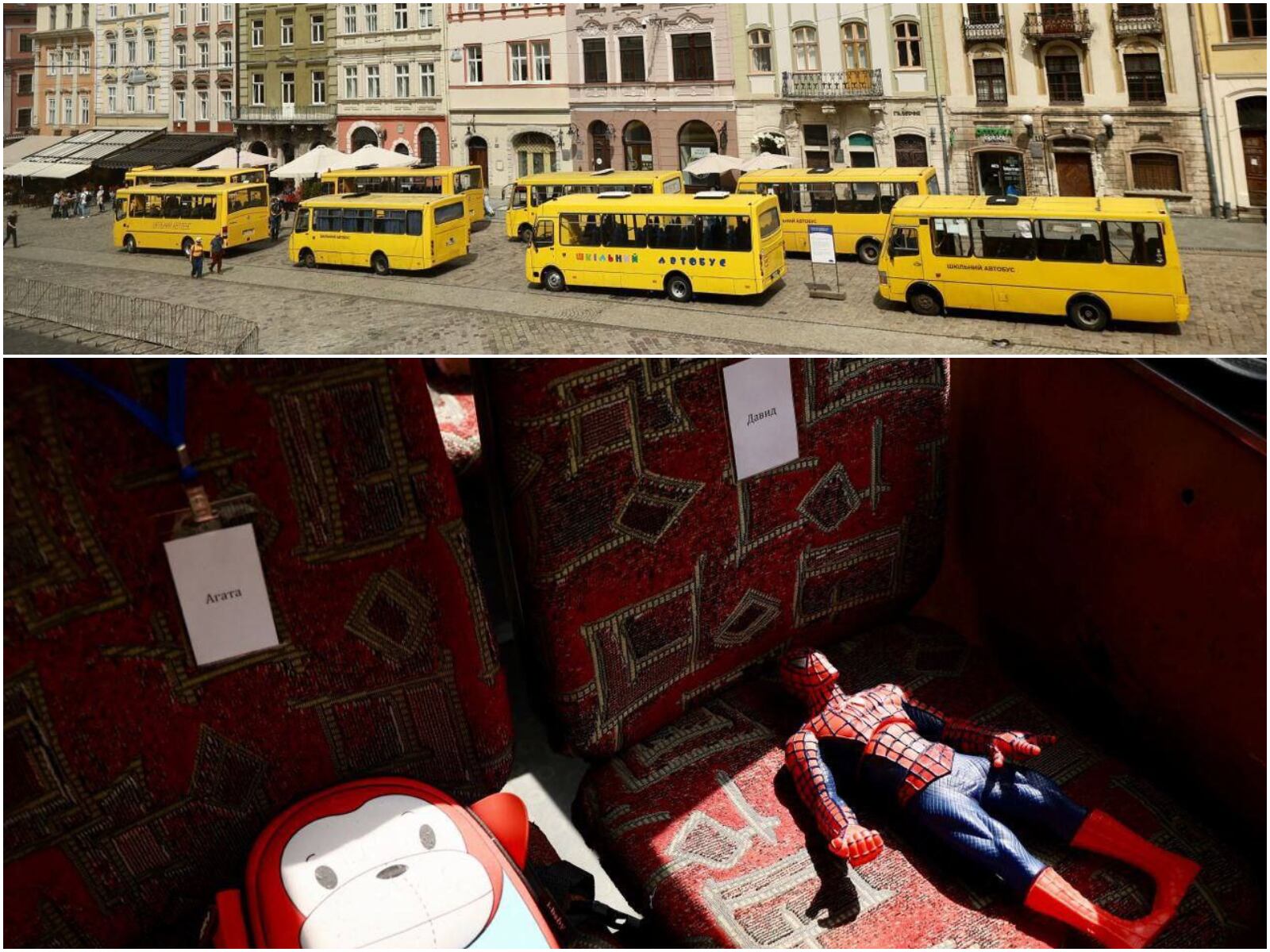 Autobuses escolares vacíos en memoria de 243 niños muertos en Leópolis (Ucrania)