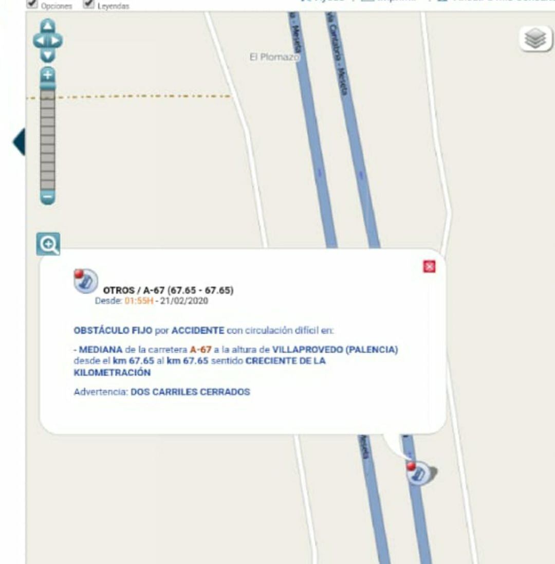 Punto del accidente en la provincia de Palencia