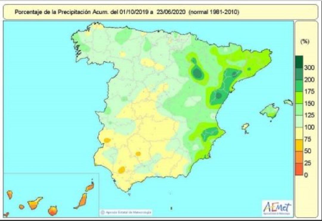 Las lluvias acumuladas entre el 1 de octubre de 2019 y el 23 de junio de 2020 superan en un 16% el valor de precipitaciones normal, según informa la Agencia Estatal de Meteorología (AEMET