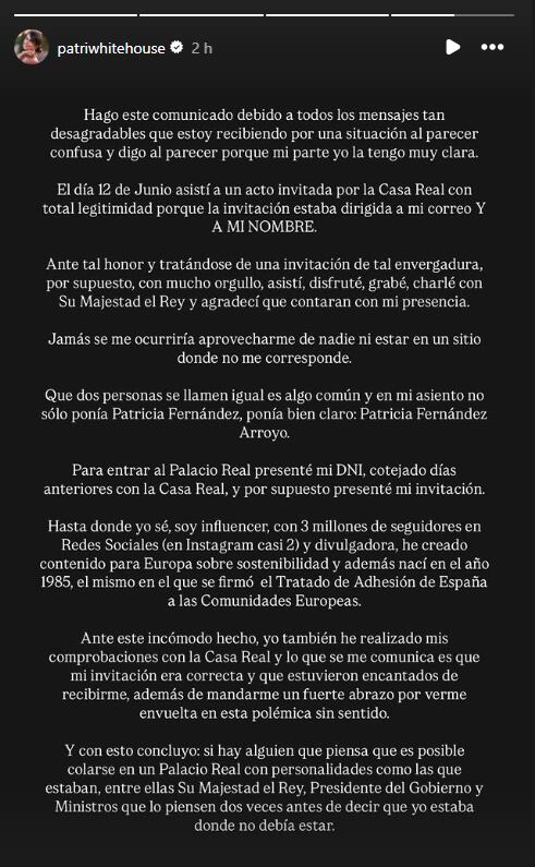 Explicaciones de la 'influencer' Patricia Fernández en su Instagram tras una polémica