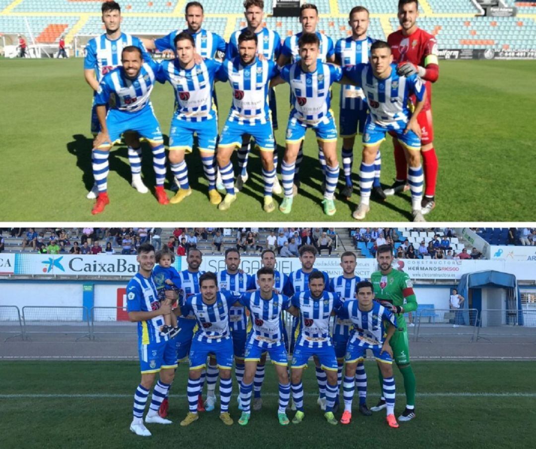 El once titular de la Arandina en Salamanca -arriba- y ante el Tordesillas en El Montecillo -abajo-.