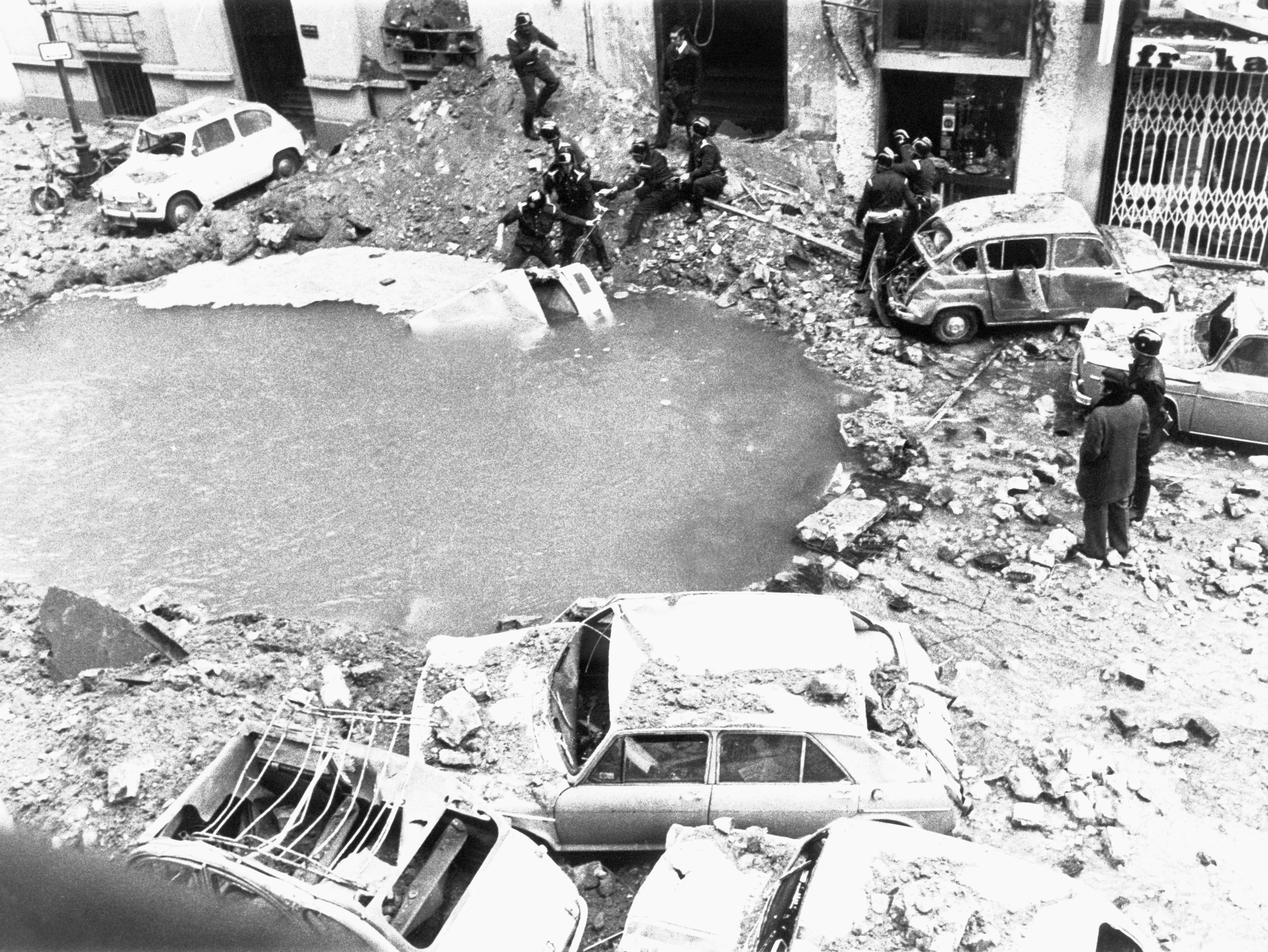 (Original Caption) Madrid: Prime Minister Killed In Explosion. This is scene of devastation caused by an explosion, Dec. 20th, which Spanish government says killed Prime Minister admiral Luis Carrero Blanco, ripping apart the limousine that was carrying him from church to his office. Witnesses said it appeared to have been a bomb blast, possibly an assassination.