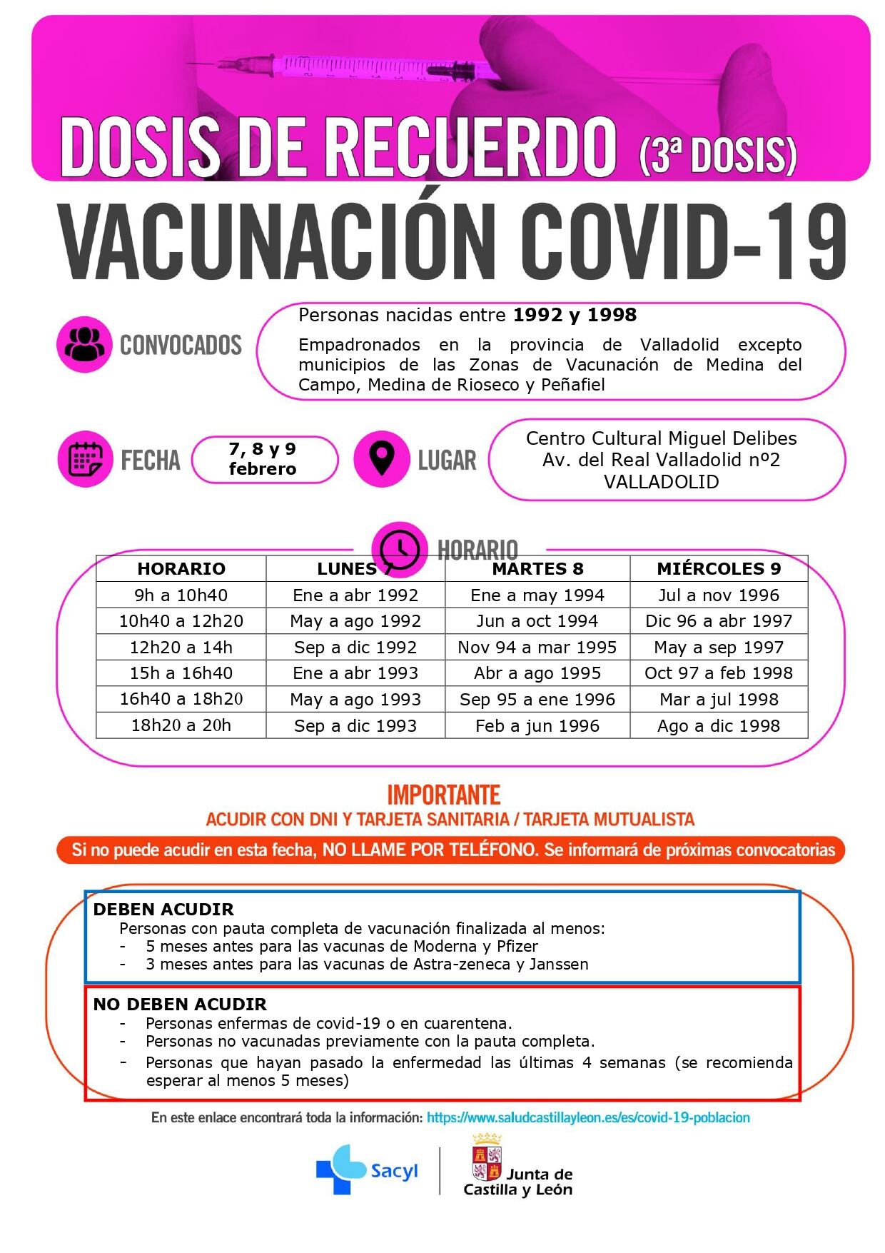 Convocatoria de vacunación para nacidos entre 1992 y 1998