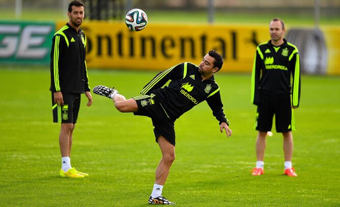 Los tres jugadores del Barcelona y de España, en un entrenamiento previo al Mundial de Brasil.