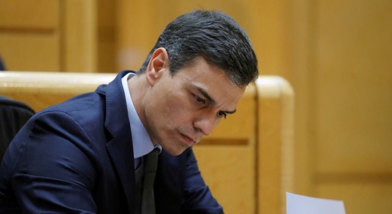 El presidente del Gobierno, Pedro Sánchez, durante su asistencia al pleno del Senado