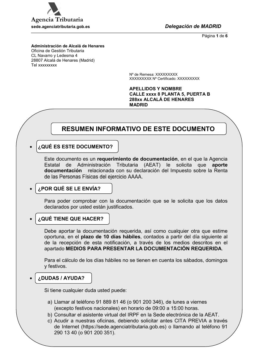 Modelo carta sobre el requerimiento IRPF antes del cambio