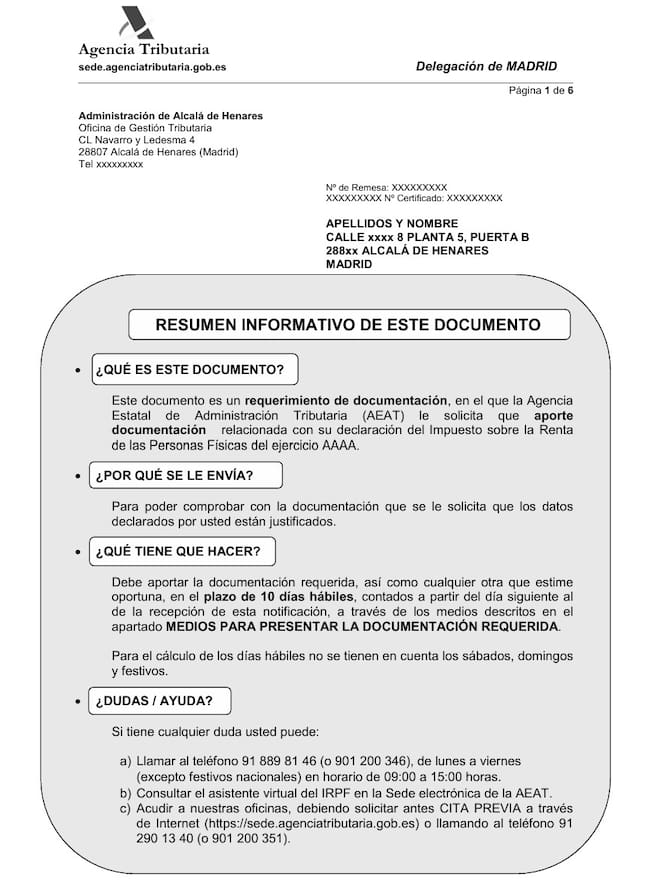 Modelo carta sobre el requerimiento IRPF antes del cambio
