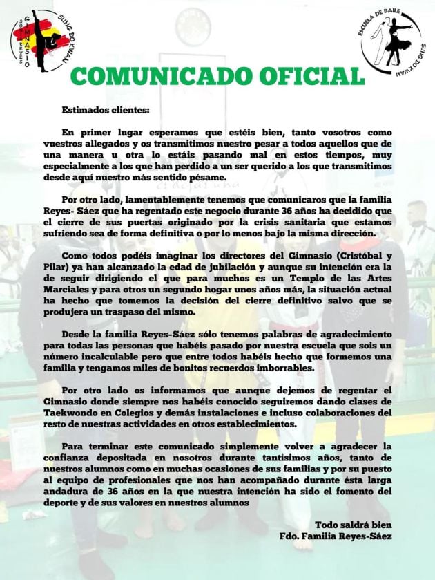 Comunicado Oficial Gimnasio Sumg Do Kwan