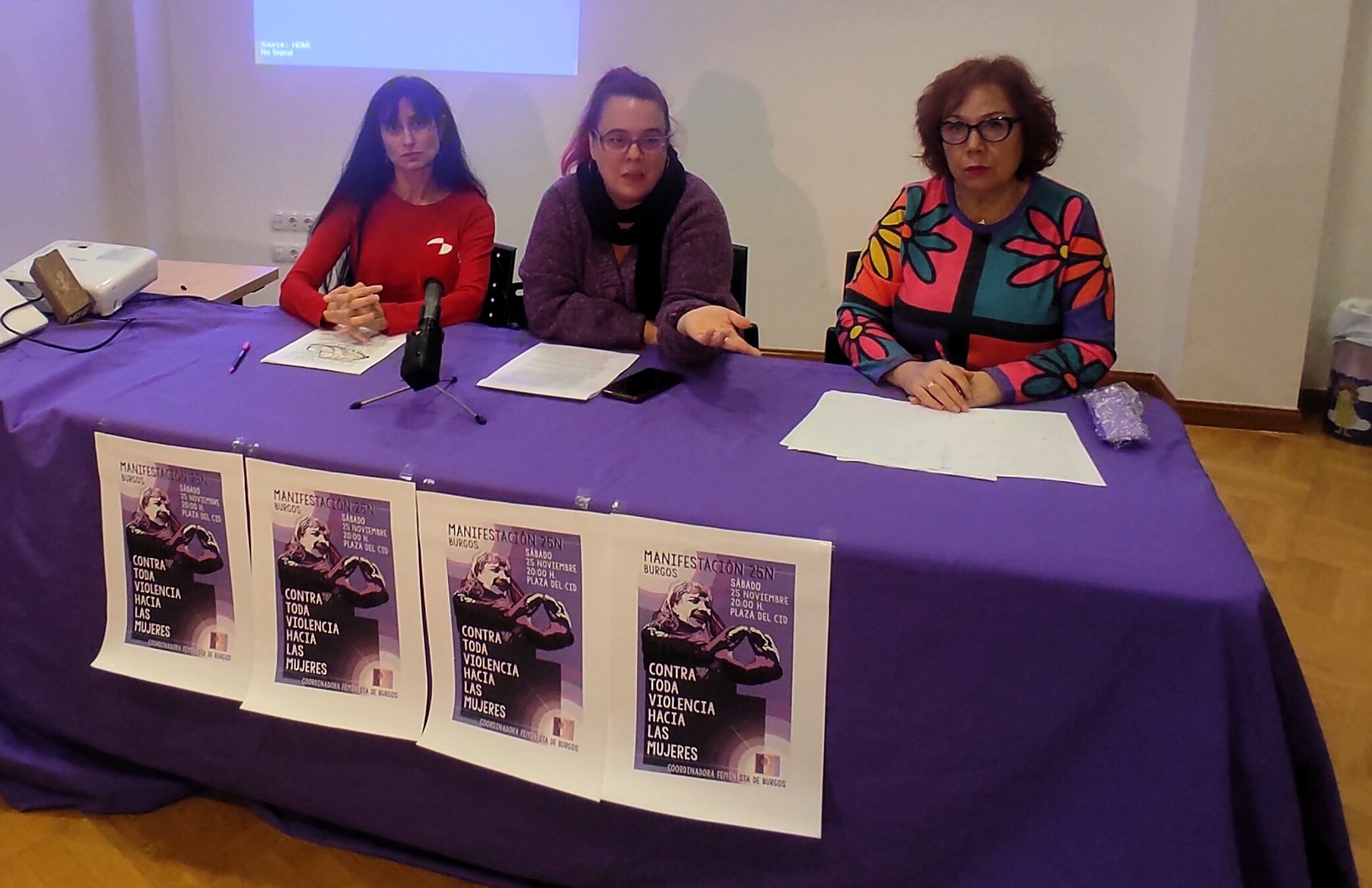 De izquierda a derecha, Silvia Adrián (Colectivo 8 de Marzo), Laura Pérez (Asociación La Rueda) e Inés Ausín (Hypatia) presentando la manifestación que se celebrará el 25 de noviembre 'Contra Toda la Violencia Hacia las Mujeres'. / Foto: Radio Castilla