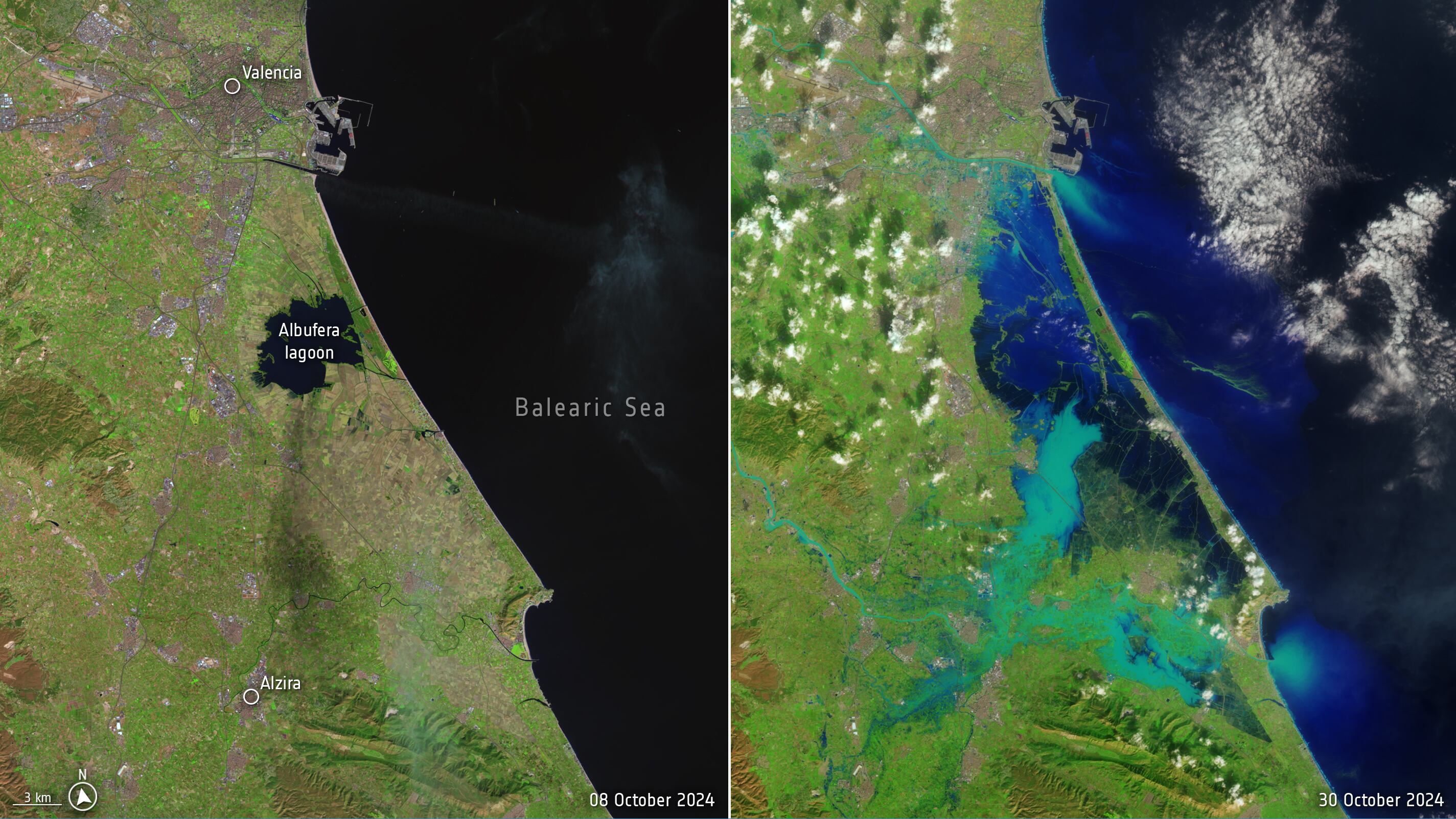 Imagenes en satélite de la ESA de la Albufera de València antes y después de la DANA