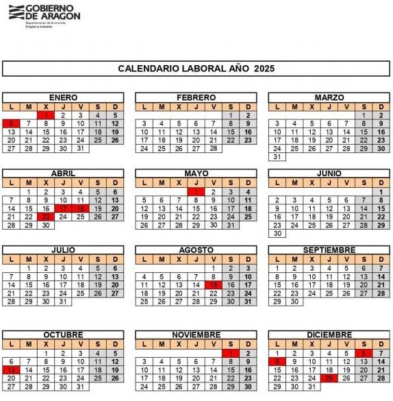 Calendario con los festivos marcados en Aragón para 2025