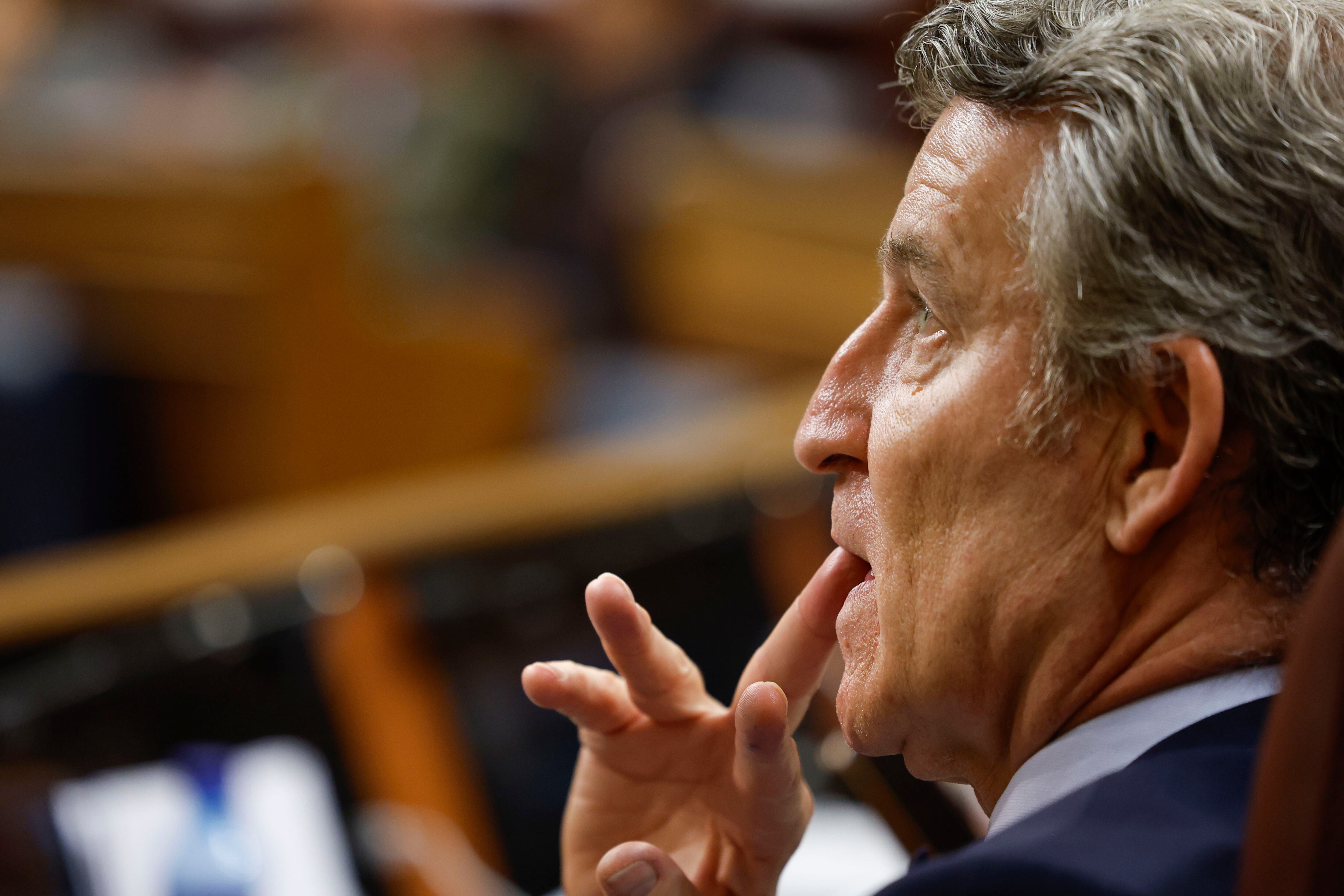 El líder del PP, Alberto Núñez Feijoo durante el pleno del Congreso, este miércoles.