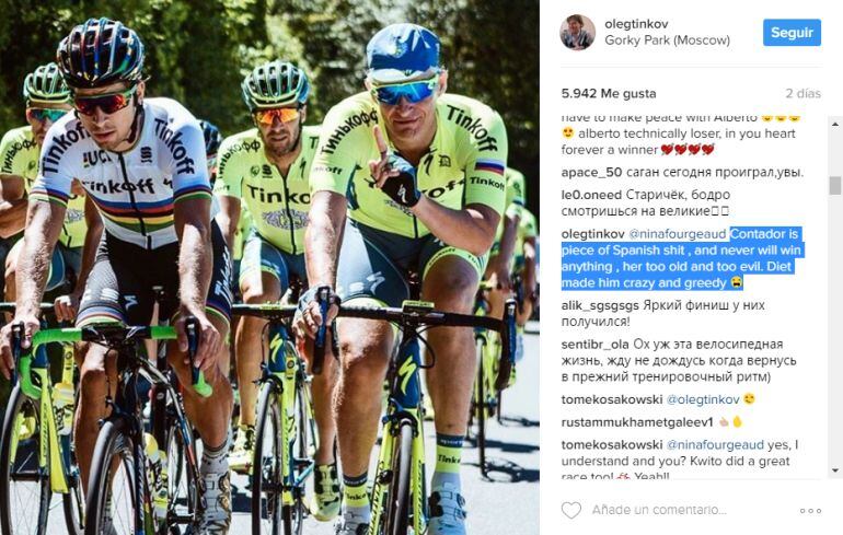 Mensaje de Oleg Tinkov sobre Contador.