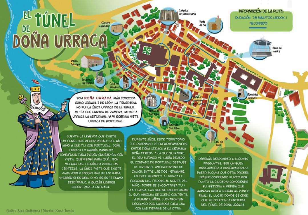 Mapa con el itinerario de la ruta denominada &quot;El túnel de Doña Urraca&quot; en Tui.