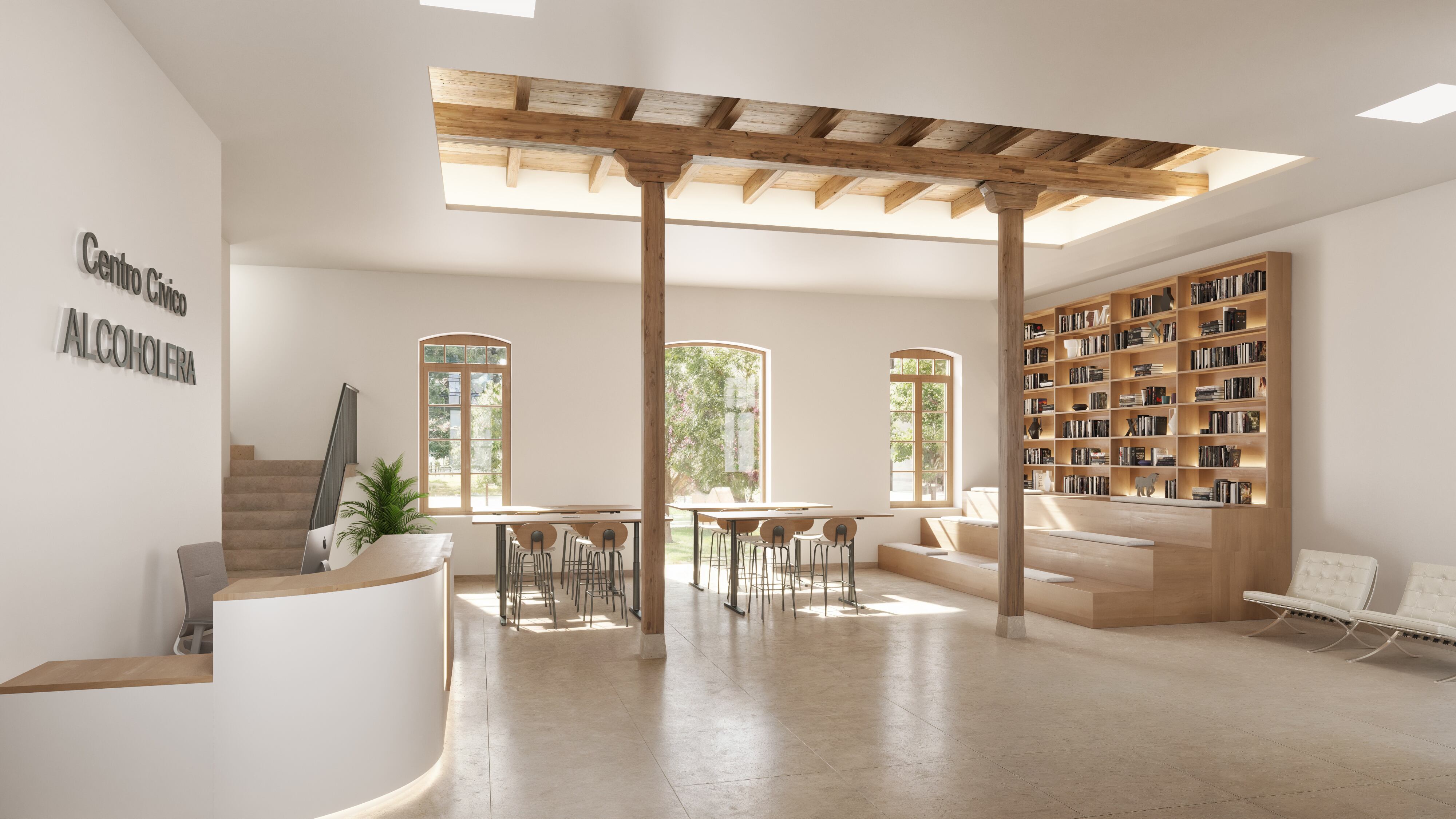Zona de recepción y biblioteca de La Alcoholera