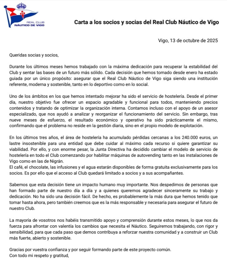 Carta del Real Club Náutico de Vigo dirigida a los socios y socias