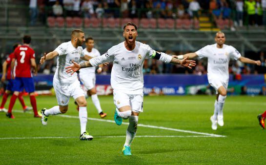 Sergio Ramos celebra su gol en la final de la Champions.