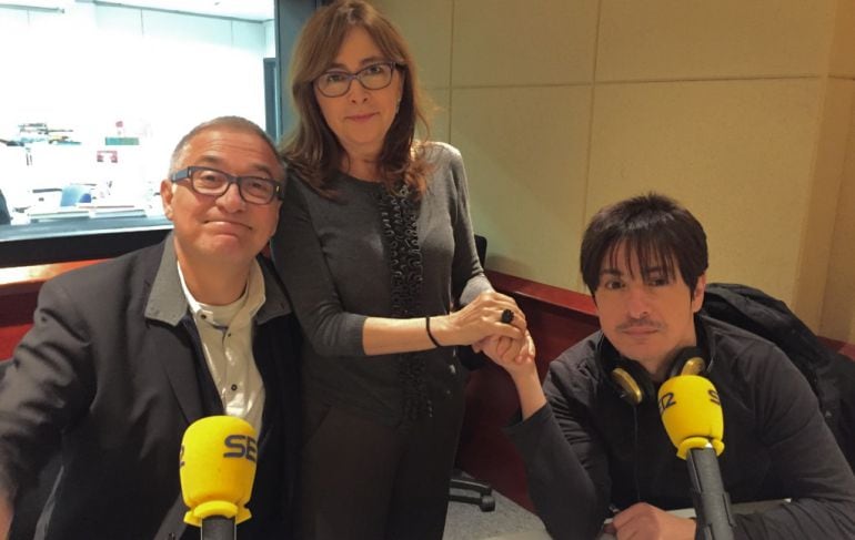 Xavier Sardà i Juan Carlos Ortega, als estudis de Ràdio Barcelona amb Rosa Badia