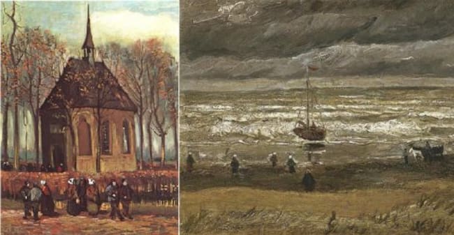 'Congregación saliendo de la Iglesis Reformada en Nuenen' y 'Vista del mar en Scheveningen'