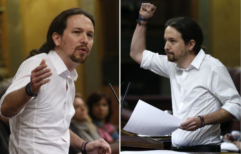 Combo de fotografías del líder de Podemos, Pablo Iglesias, durante sus intervenciones en la sesión de esta tarde de la segunda jornada del debate de investidura del secretario general del PSOE, Pedro Sánchez, que se celebra en el Congreso de los Diputados