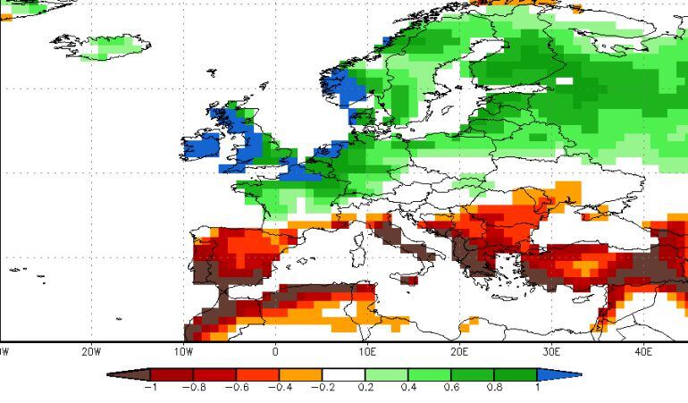 Anomalía de precipitación prevista para febrero de 2016 en Europa, según la Administración Nacional Oceánica y Atmósférica de Estados Unidos.