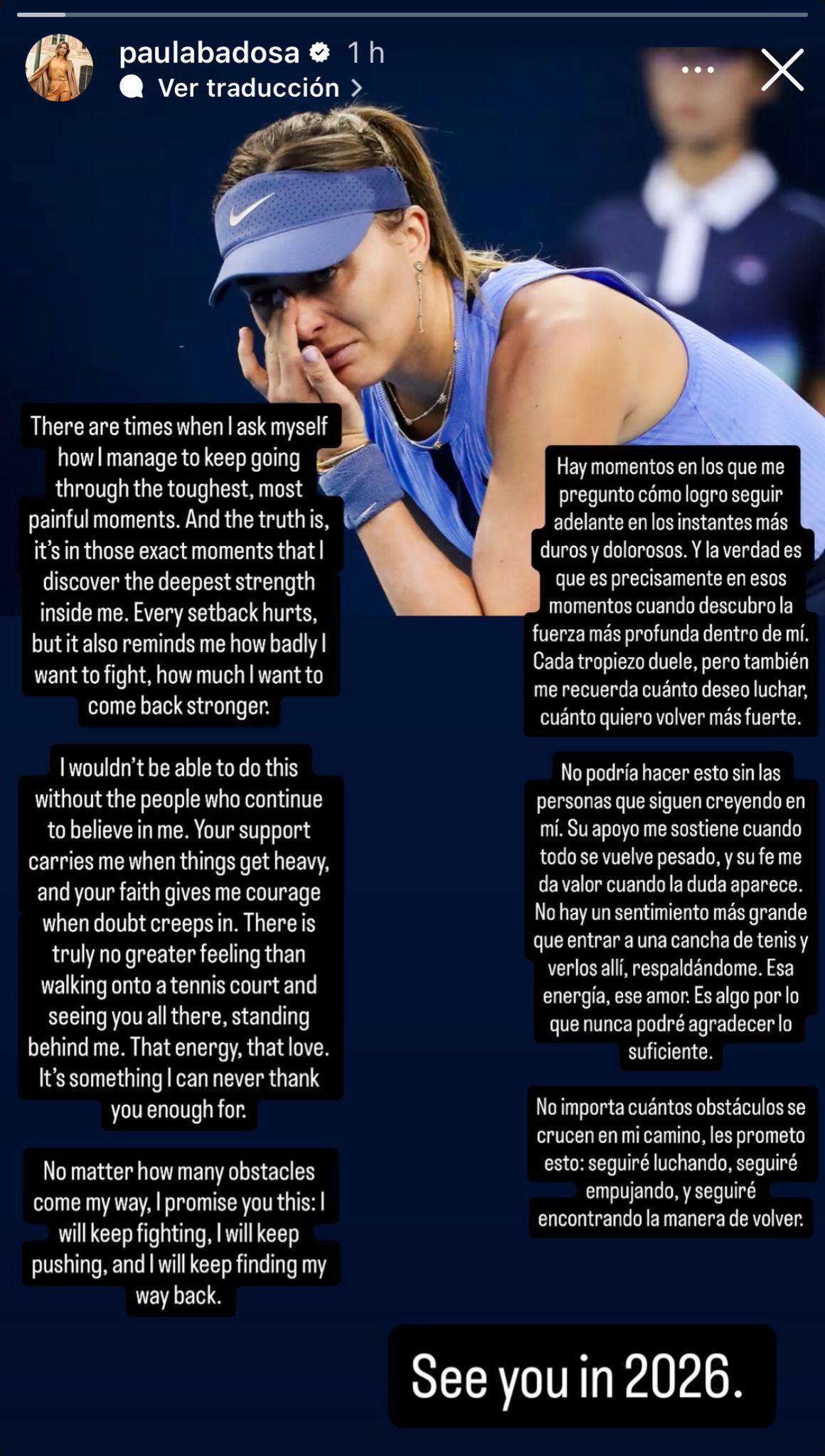 Mensaje de Paula Badosa en su Instagram