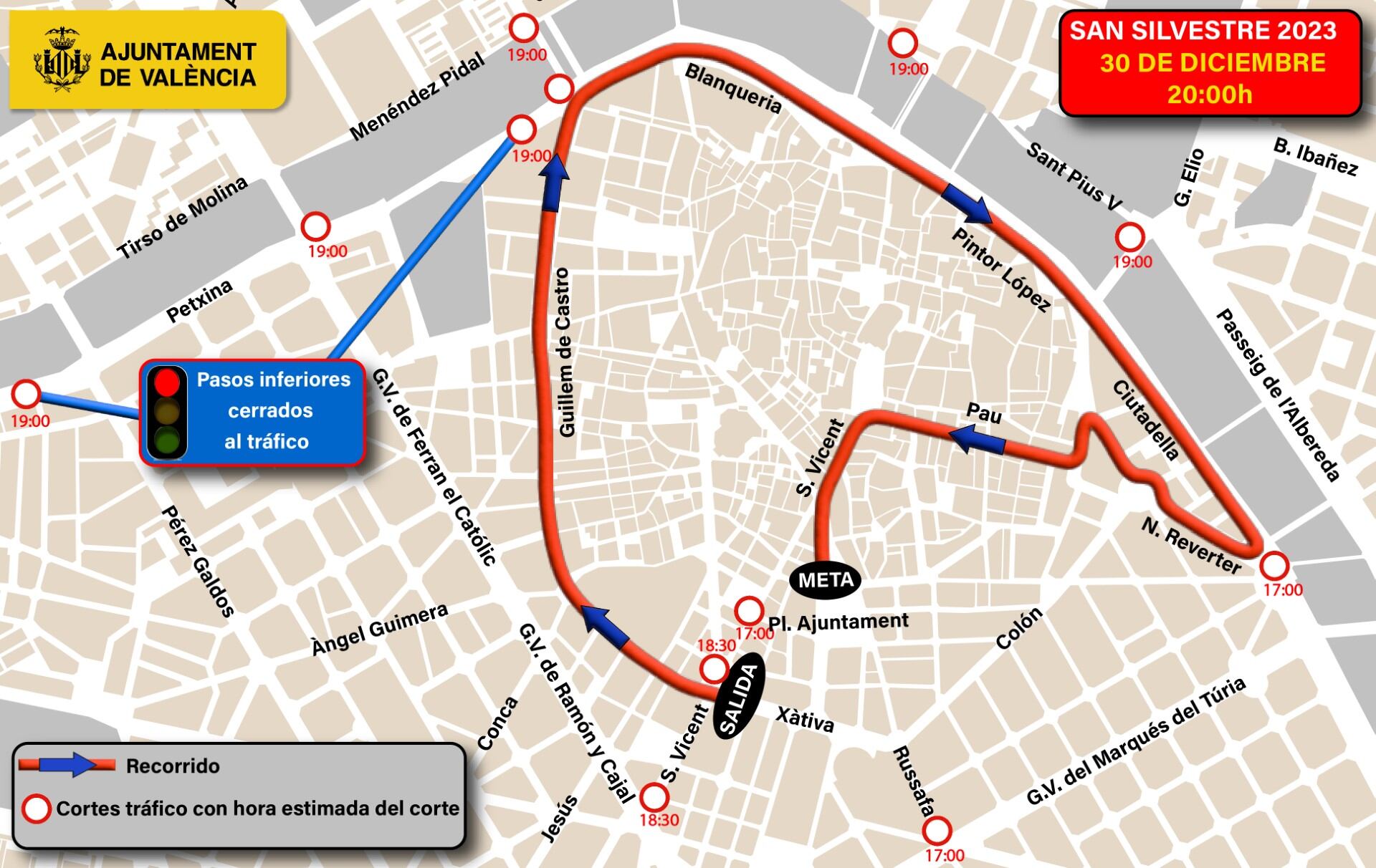 Plano de cortes de tráfico con motivo de la San Silvestre de València