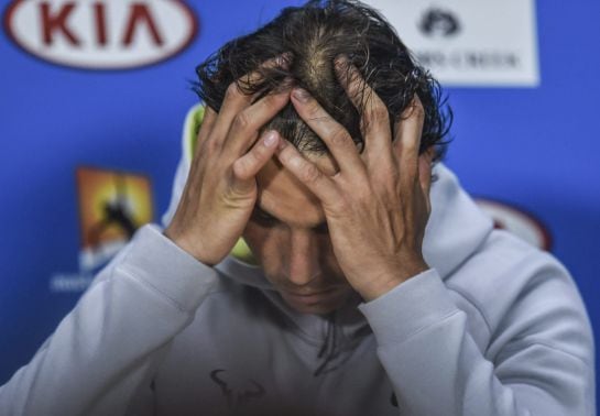 El tenista español Rafa Nadal durante la rueda de prensa que ha ofrecido tras perder el partido