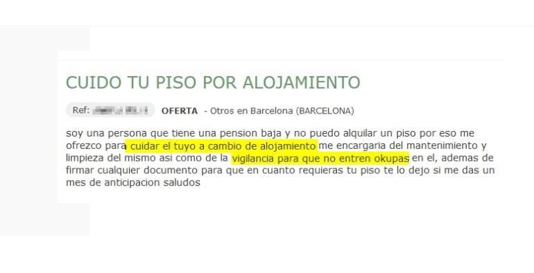 A les webs d'anuncis es poden trobar fàcilment ofertes de persones que a canvi d'allotjament vigilen perquè no hi entrin okupes