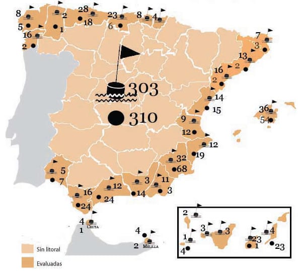 Mapa con los puntos negros en la costas del estudio de Ecologistas en Acción