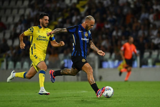 Federico Dimarco of F.C. Inter is celebrating after scoring the goal of 3-0 during the Inter F.C. vs. Union Deportiva Las Palmas Pre-Season Friendly at Orogel Stadium-Dino Manuzzi in Cesena, Italy, on July 27, 2024. (Photo by Domenico Cippitelli/NurPhoto via Getty Images)