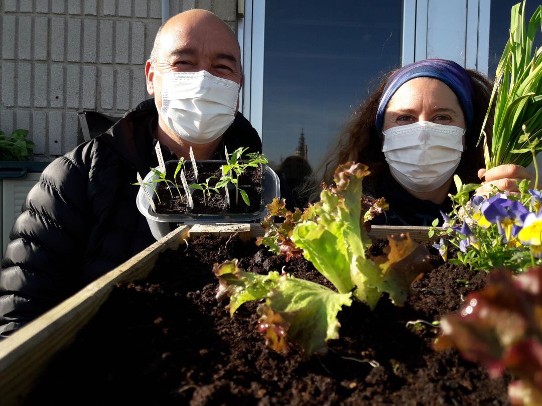 Iñaki y Amaia junto a las lechugas recién plantadas