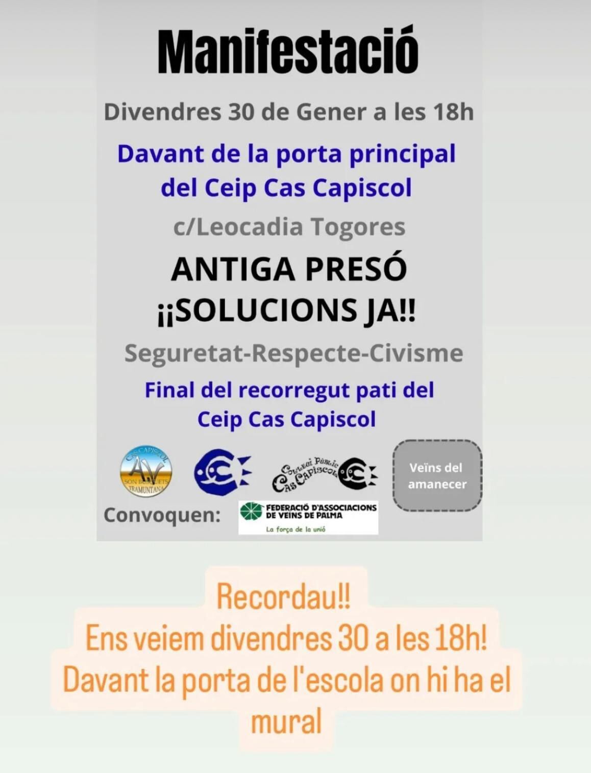 Cartel Manifestación Vecinos Cas Capiscol