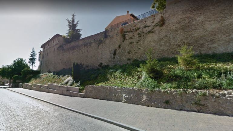 La vegetación cubre el talud de la calle Nueva frente a la oficina de Correos en Cuéllar.