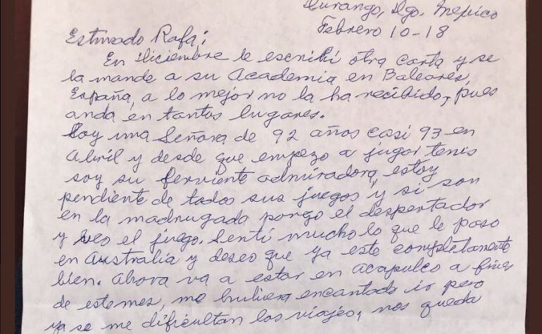 Foto de la carta escrita por Gloria a Nadal