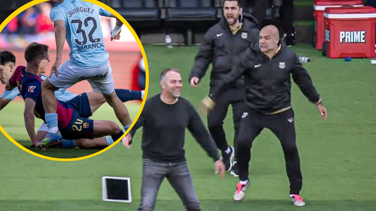 Reacción del banquillo del FC Barcelona tras el penalti a Dani Olmo ante el Celta