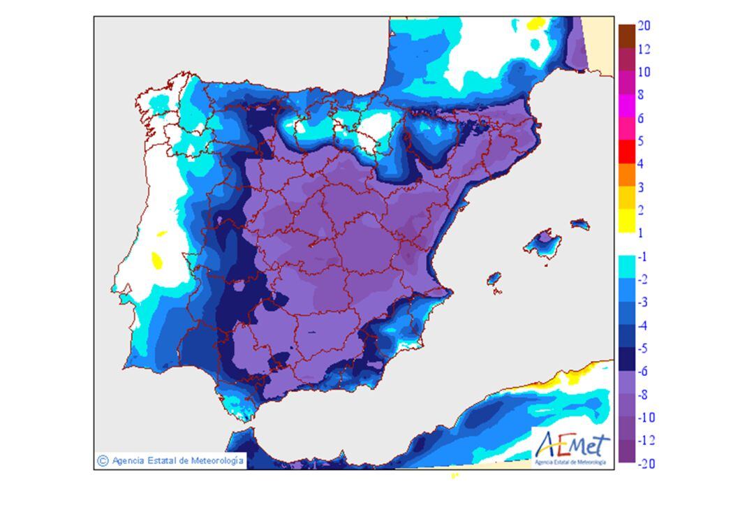 Mapas de temperaturas extremas previstas para este sábado y de sus variaciones respecto al día anterior