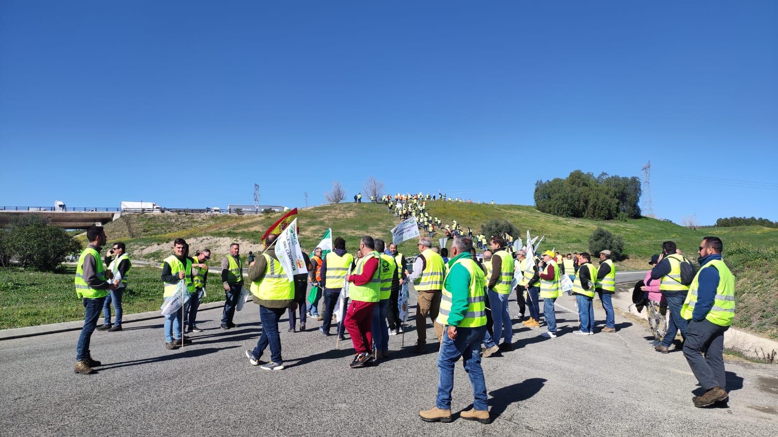 Agricultores de la provincia de Córdoba marchan a pie por la A-45 para exigir medidas de ayuda al sector primario