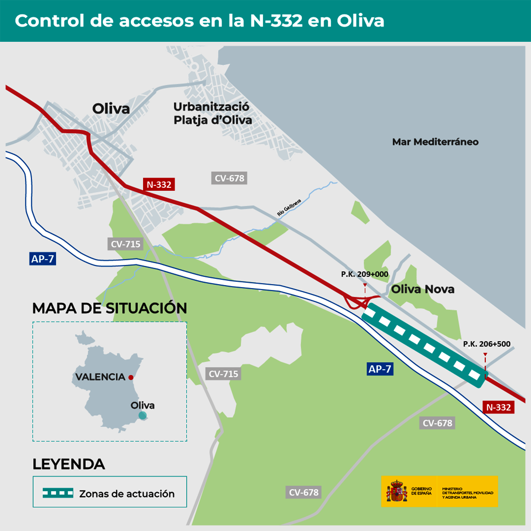 Plano de la zona de actuación del Control de Acceso en la N332, cruce entre Oliva y Pego.