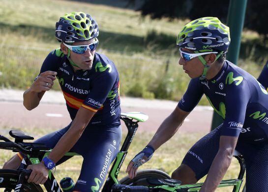 Valverde y Quintana entrenan antes de la salida del 102º Tour de Francia, que saldrá desde Utrech (Holanda)