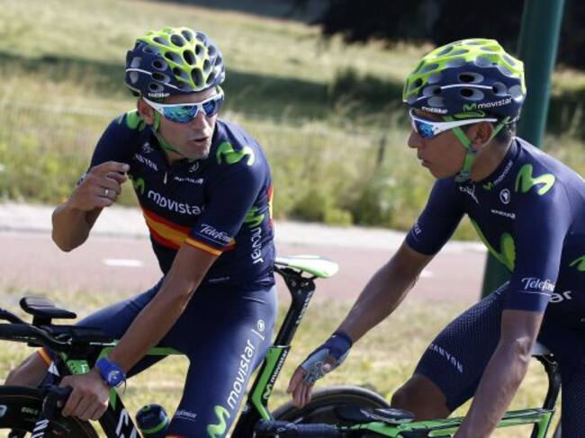 Valverde y Quintana entrenan antes de la salida del 102º Tour de Francia, que saldrá desde Utrech (Holanda)