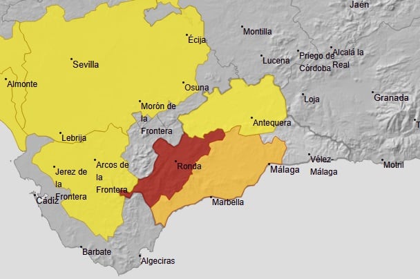 Se eleva rojo el nivel de alerta en la comarca de Ronda por fuertes lluvias (Aemet)