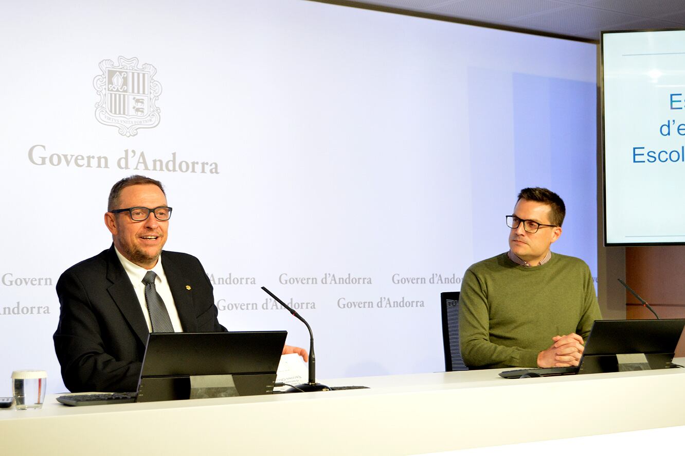 El secretari d'Estat d'Educació i Universitats, Josep Anton Bardina, i el coordinador de l'Institut de Música d'Andorra la Vella, Jordi Sabata, durant la presentació del pas del centre a conservatori oficial.