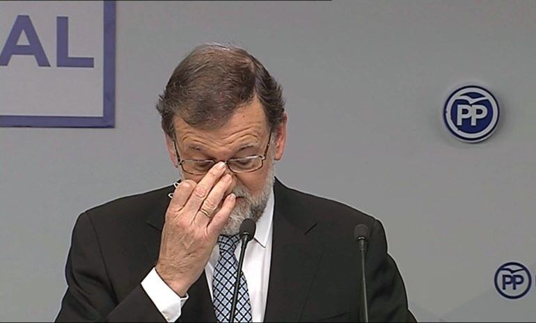 Imagen de televisión facilitada por el PP del líder del partido, Mariano Rajoy, durante su intervención en la reunión del Comité Nacional del partido que se celebra en Madrid