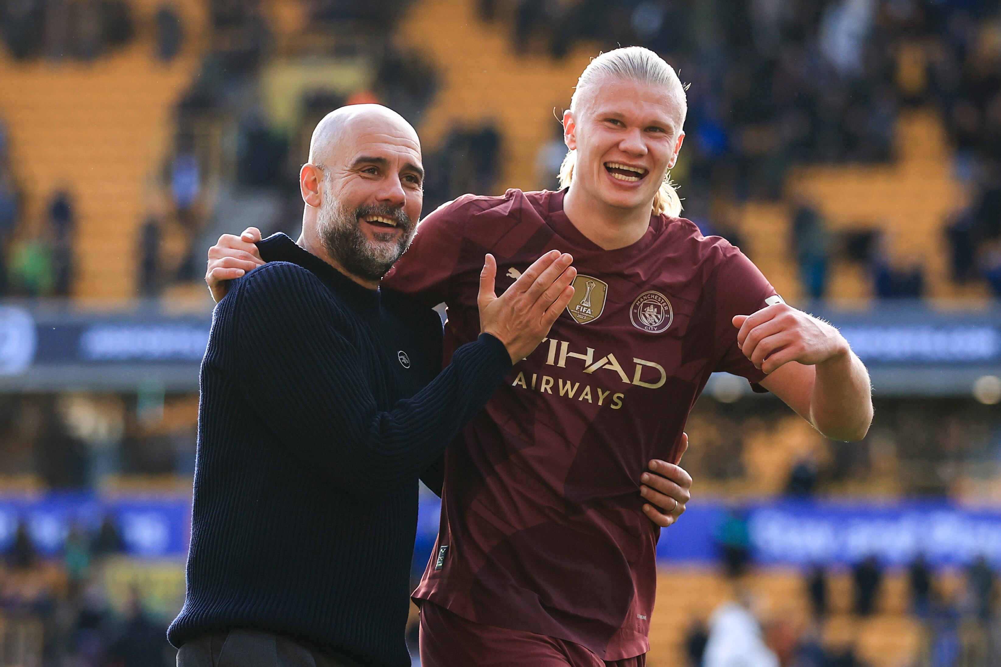 Pep Guardiola y Erling Haaland, durante un partido del Manchester City en Premier League