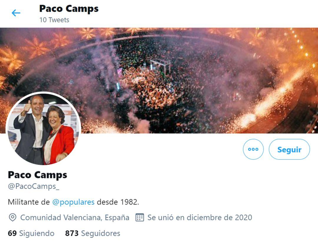 Perfil del expresident de la Generalitat, Francisco Camps, en la red social Twitter, que estrenó en el mes de diciembre de 2020.