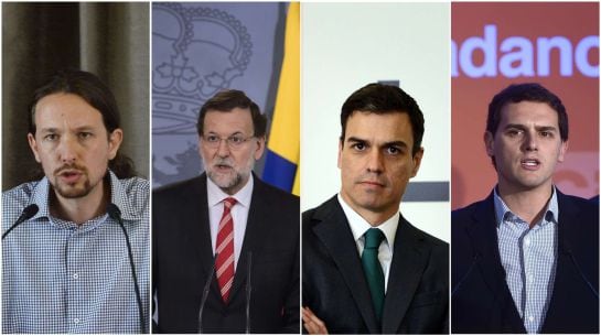 TO GO WITH AFP STORY BY PATRICK RAHIR - This combination of four images taken in Madrid shows (L to R) Leader of Podemos, a left-wing party that emerged out of the &quot;Indignants&quot; movement, Pablo Iglesias, Spanish Prime Minister, Mariano Rajoy, Secretary gen